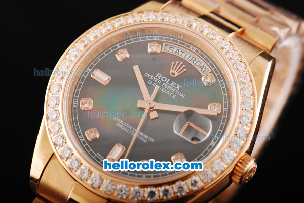 Rolex Day Date II Automatic Movement Full Rose Gold with Diamond Bezel-Diamond Markers and Black MOP Dial - Click Image to Close